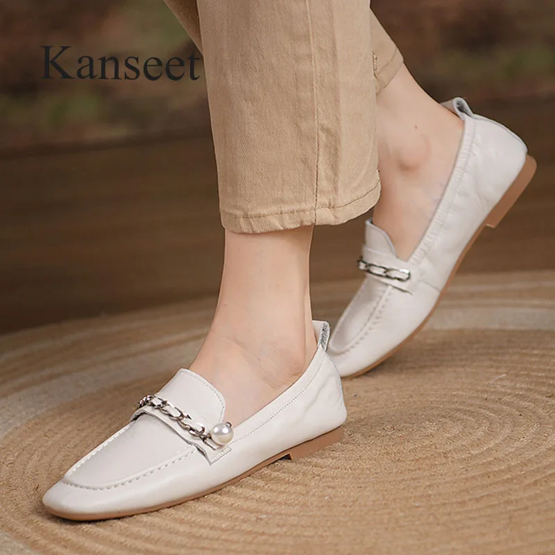 

Новинка весна-осень 2022 женская обувь Kanseet из натуральной кожи с квадратным носком и цепочкой украшение ручной работы без шнуровки коричневы...