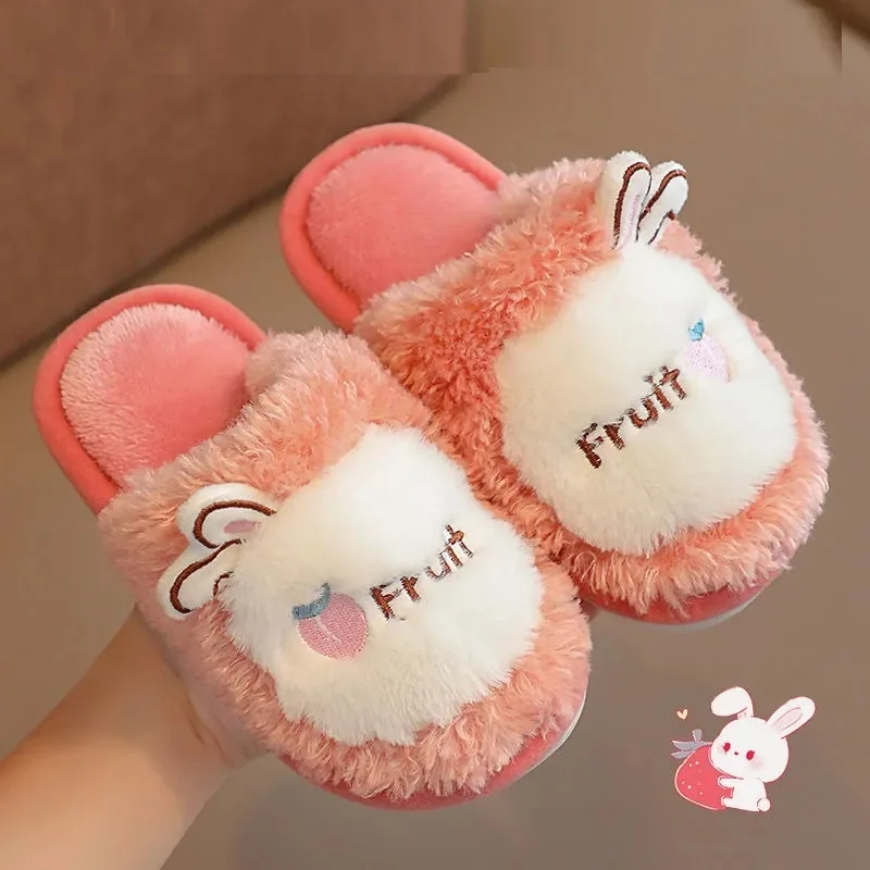 

Rabbit Ear Fruit Home Shoes Children Home Slippers Kids Indoor Non Slip Furry Warm Plush Slippers Boys Girls Pink Winter Slides