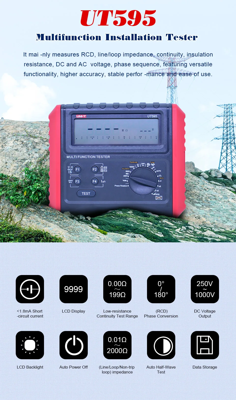 UNI-T UT595 цифровой УЗО тестер многофункциональные тестеры контура заземления линии петли сопротивление тестер Сопротивление изоляции метр