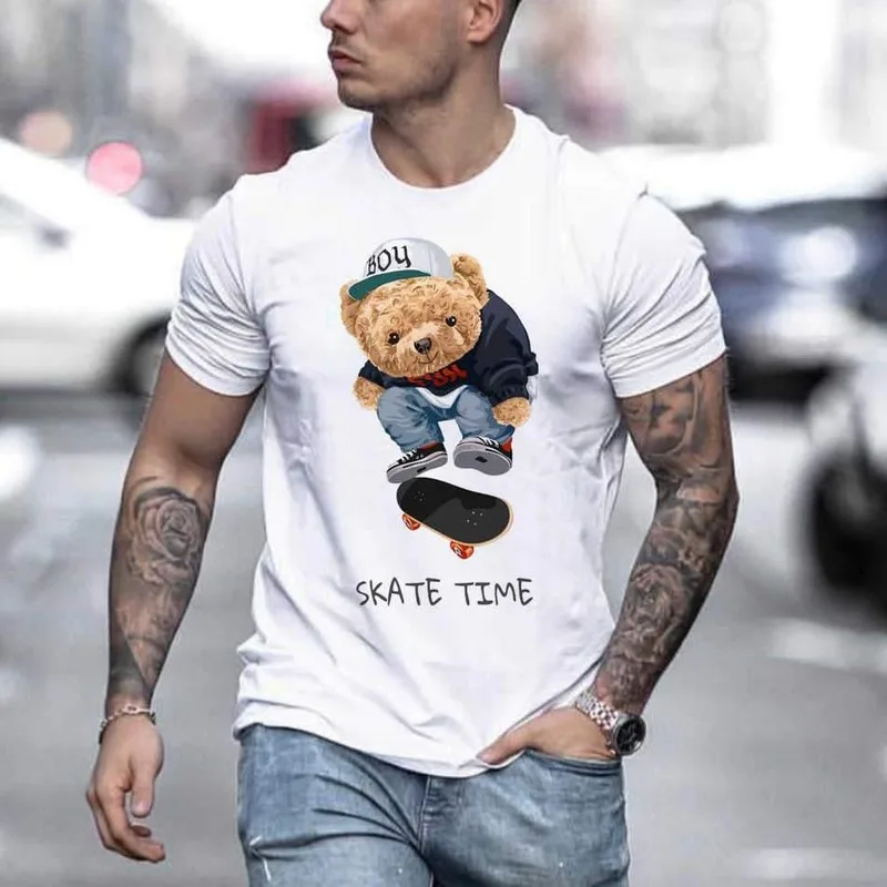 

2021 Summer Oversize Cute Bear White Color Men's Kawaii T-Shirt Fashion Short Sleeve Solid Color Loose Cartoon Tops