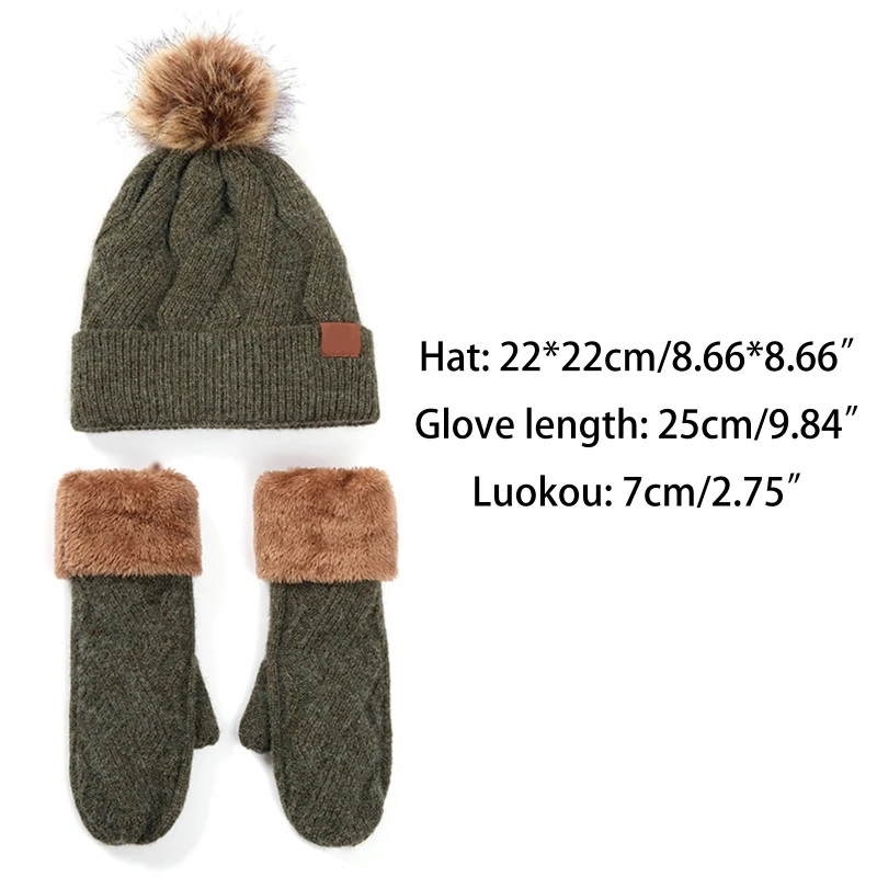 

2Pcs Women Winter Faux Fleece Lined Warm Cable Knit Pompom Beanie Hat Gloves Set 649C