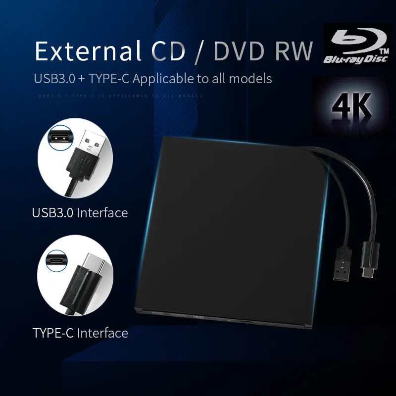 

4K External Blu-Ray Burner Drive USB3.0 Type-c 3D Slim Optical Drive Blu-Ray Writer Reader CD/DVD Burner for Windows/IOS