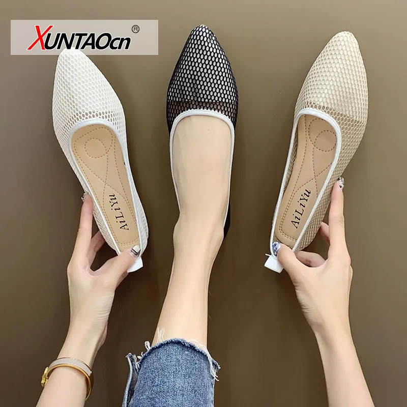 

2021 Women Breathable Pointed Toe Ladies Comfort Ballet Flats Slip on Shallow Loafers Office Flat Boat Shoes
