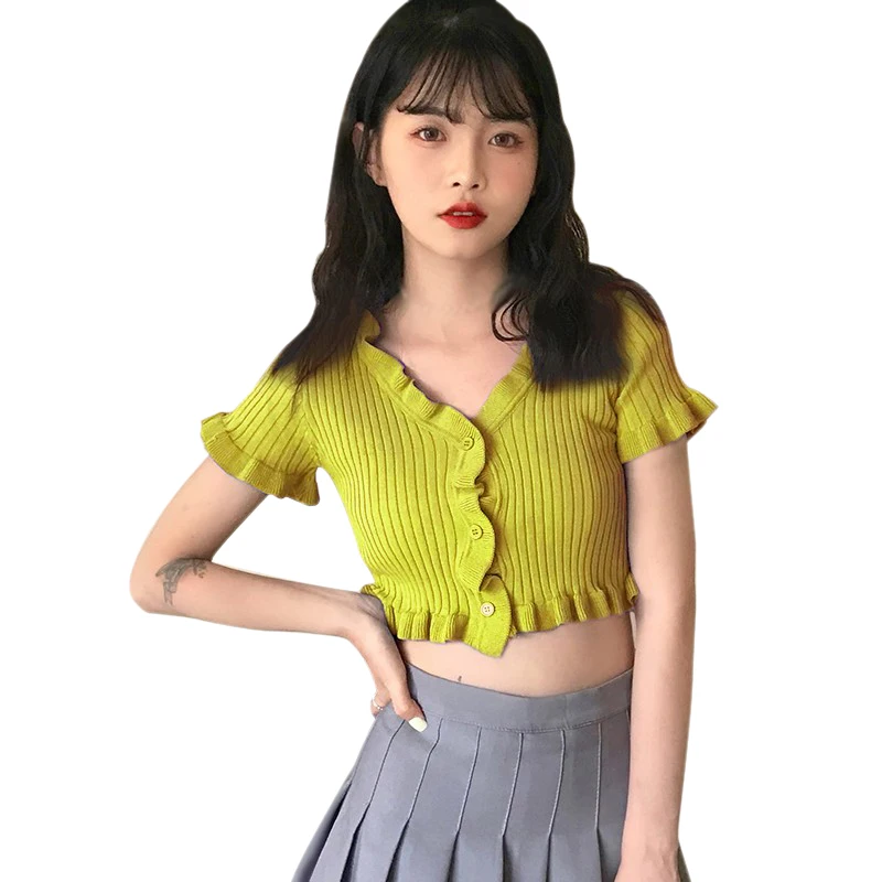 

Women Crop Top Ladies Fashion V-neck Button Ruffled Short Section Exposed Navel Knitted Short Sleeved Cardigan One Size