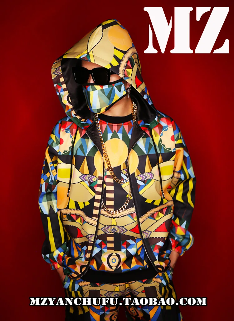 

2020!New Egyptian printing men's rock hip hop DS hip-hop jacket nightclub DJ male singer performance costume set tide.