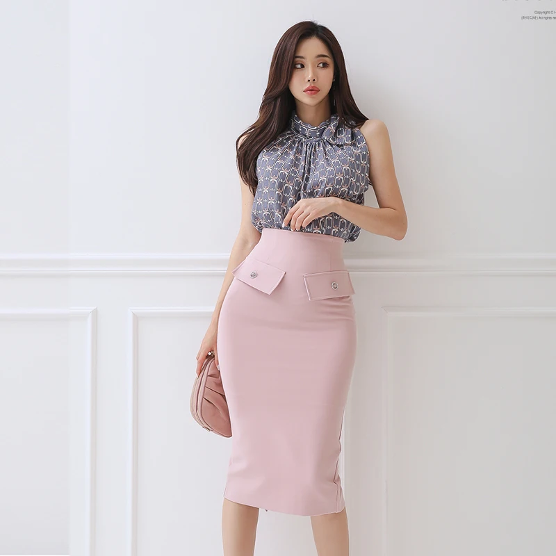 

Summer Women Clothing Sets Lace-up Sleeveless Printed Blouse Shirt + High Waist Sheath Bodycon Skirt Two Piece Set Suits T5908