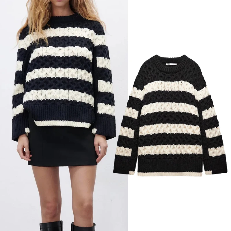 

Женский свитер Za, вязаный свитер в полоску с меховым помпоном, теплый пуловер с длинными рукавами в стиле ретро, зима 2022