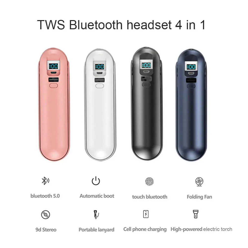 

5.0 Bluetooth Earbud Set F7 TWS Wireless Earphone with Handheld Fan Charging Box Flashlight Phone Portable Charger