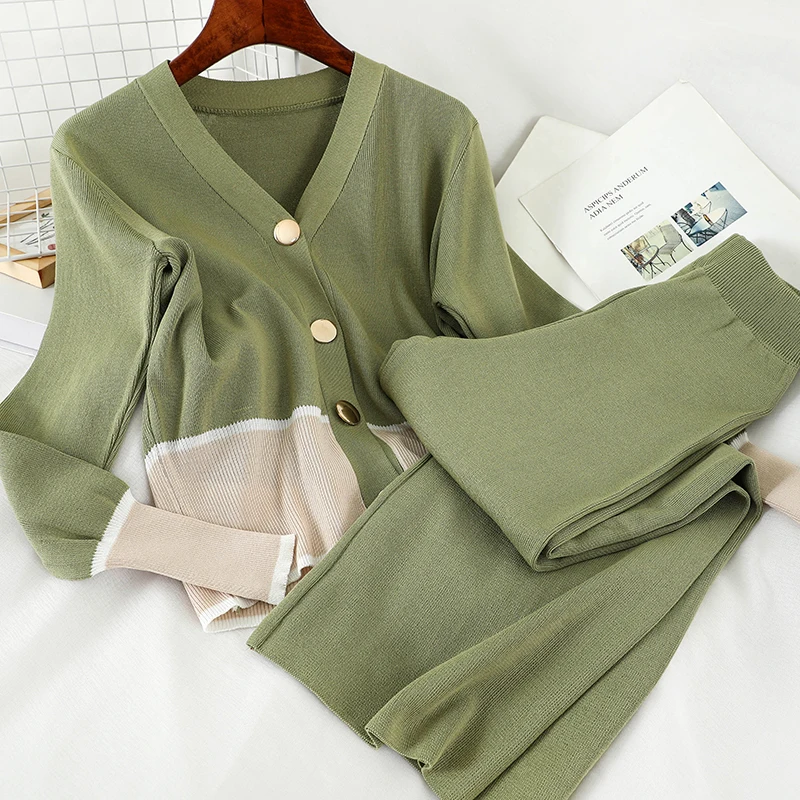 

ZAWFL 2020 Knitted Women Two Pieces Set Autumn V-neck Button Tops Fashion Casual Wide Leg Long Pants Femme Elegant Sets