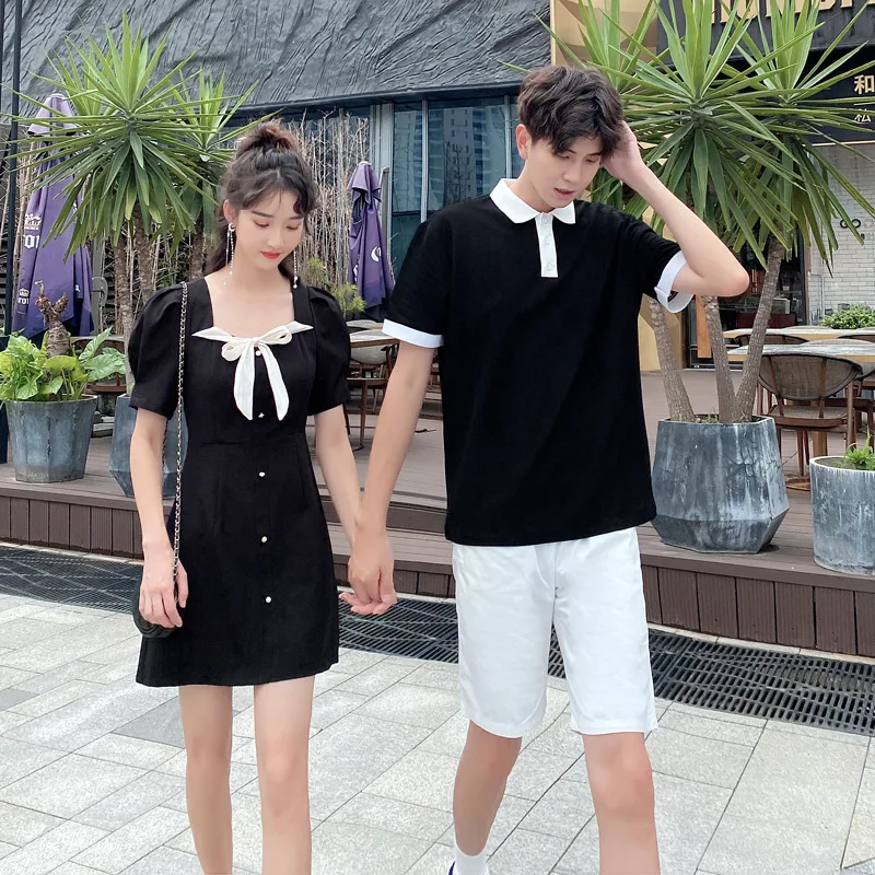 

Korean Couple Matching Clothes College School Pair Lovers Black Polo Dress T-Shirt Women Men New Summer Vacation Outfit Wear Set
