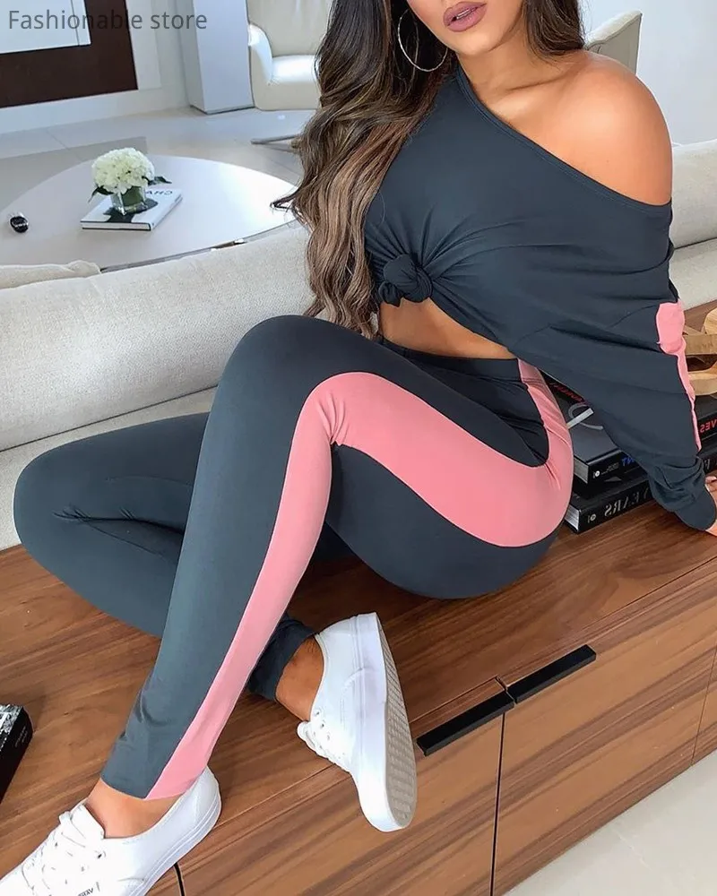 

Женские летние повседневные домашние костюмы с цветными блоками, топ с длинными рукавами и обычные штаны в стиле пэчворк