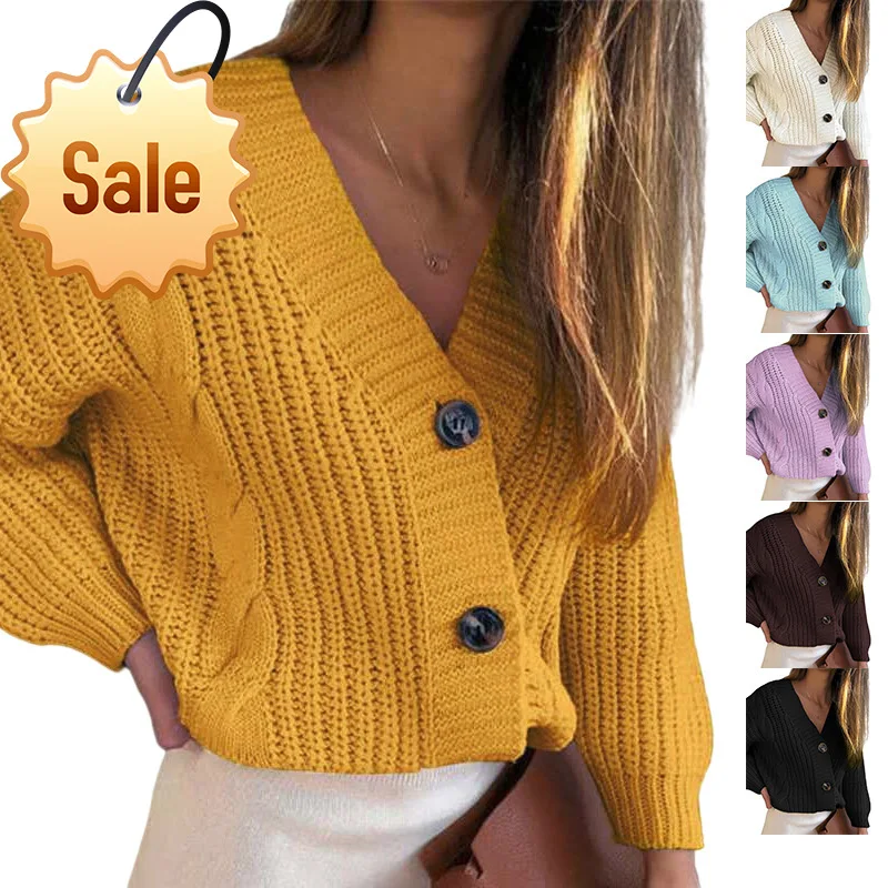 

Solid Color Sweater Women 2021 Autumn And Winter Loose Large Size Twist Button Thick Line V-Neck Sweater Cardigan