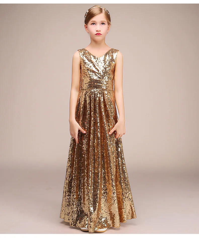 Золотые блестки v образный вырез на шее платье для девочек вечерние платья 2021