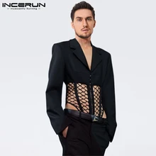 Men's Sexy Leisure Hot Sale Jumpsuits Male Long Sleeved Breathable Mesh Patchwork Suits Shirt Jumpsuits S-5XL INCERUN Tops 2021 (3)