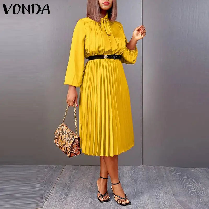 

VONDA Bohemian Stylish Knee-Length Vestidos Women Lace-up Sundress Femme Pleated Sundress Autumn Dresses Casual Long Sleeve Robe