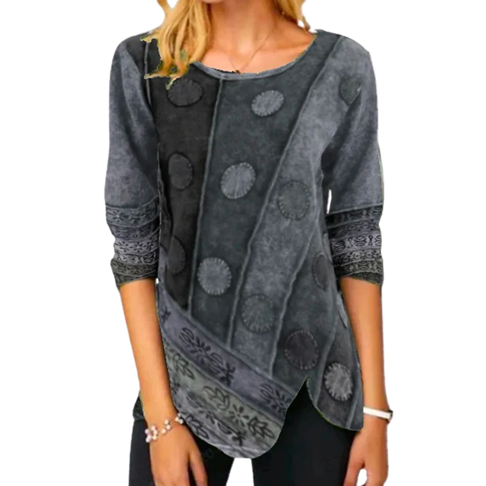 Осенняя блузка для waman в стиле ретро с асимметричным подолом и круглым вырезом