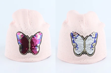 butterfly light pink Зимняя шапка для маленьких девочек, зимняя шапка с рисунком медведя, забавная шапка с пайетками, двухслойная теплая вязаная шапка со стразами, шапочки - Цвет: butterfly light pink