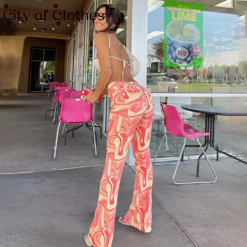 

Y2K Wave Cut Color Flared Women Casual Print Pant Ladies Hight Waist Long Pants Loose Skinny Trousers Summer 2021 Streetwear