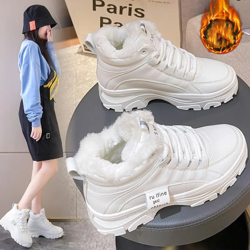 

Women boots 2022 fashion thick plus velvet casual ankle boots for women warm plush solid color lace up platform boots winter