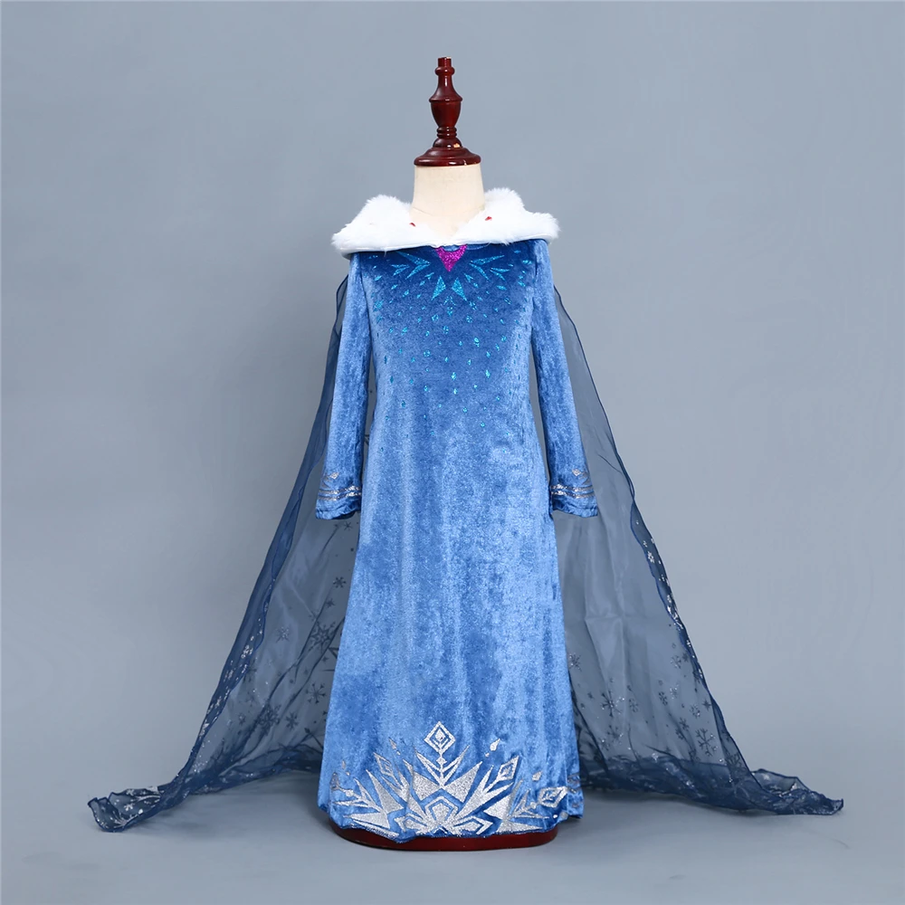 Winter Autumn Birthday Party Elsa Dress for Girls Halloween Snow Queen Snowflake Elza Costume Velve Warm with Long Tail | Детская одежда
