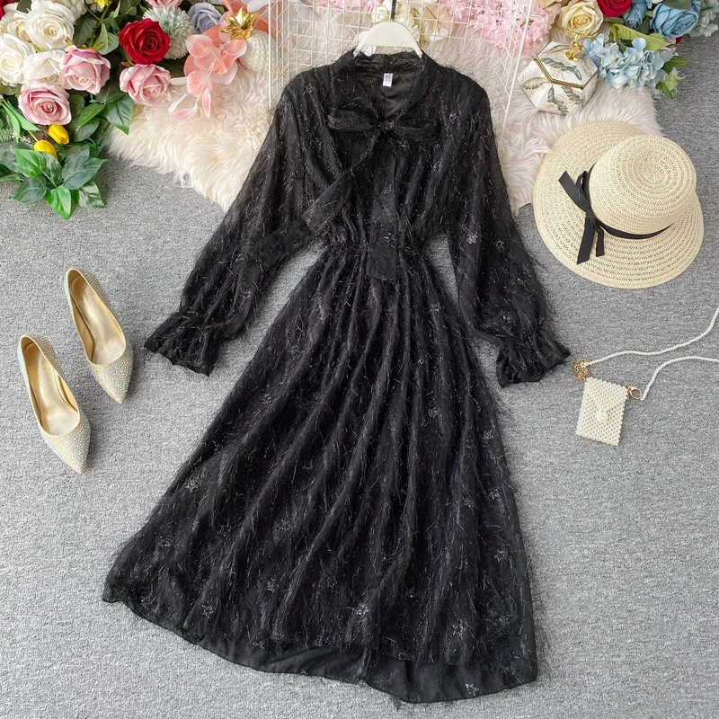 2020 Новая модная женская одежда с бантом до середины икры зимнее платье | Женская