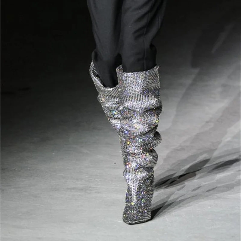 

Autumn and winter new tapered heel high heels fashion diamond Sequin high boots large women's shoes