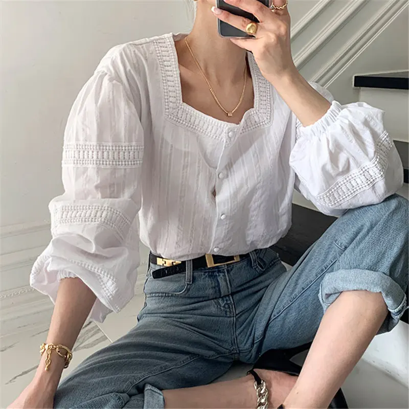 

2021 New Vintage OL Chic Fashion White O-Neck Lace Hem Tops All-Match Korean Streetwear Gentle Elegant Solid Femme Hot Shirts