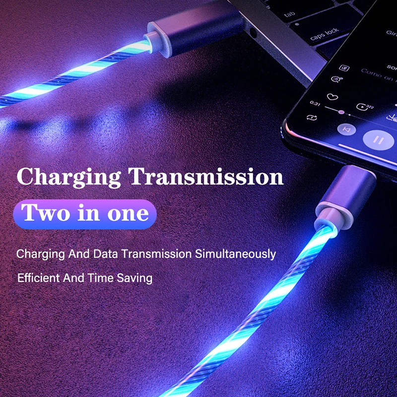 Светодиодный светящийся бегущий USB кабель Тип C/Micro USB/8pin яркий для передачи данных