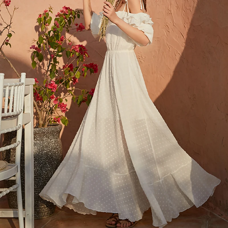 

Summer Women Beach Dress Fashion White Chiffon Sexy Sling Backless Boho Vacation Tropical Party Elegant Runway Dress Vestidos