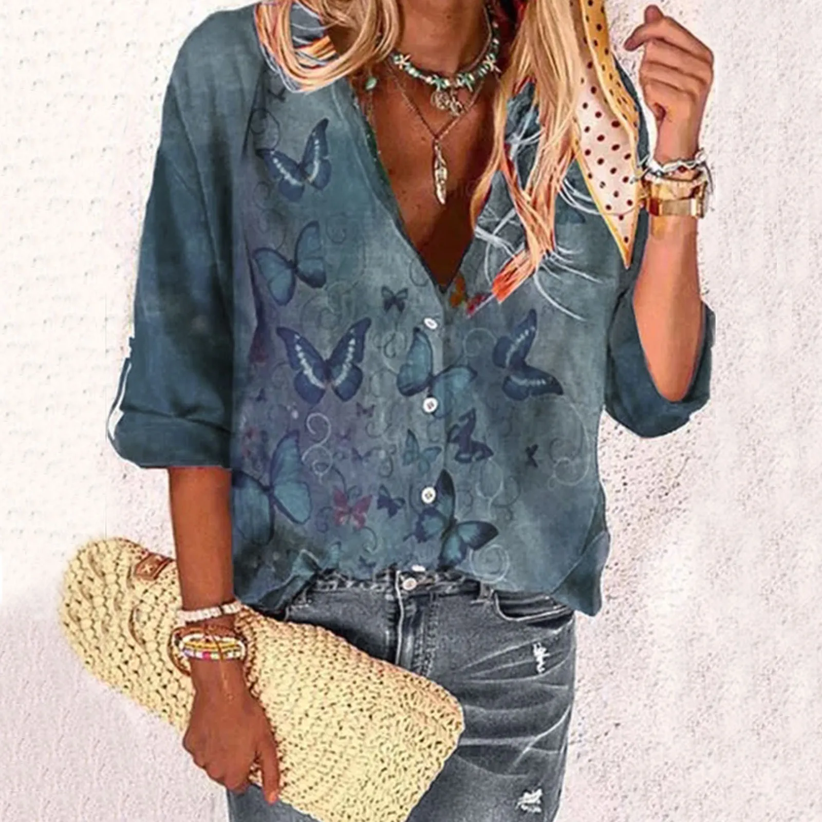

Female Blouses Women Casual Butterfly Print Casual Round Neckline Long Sleeve Patchwork Blouses Positioning Printing Ladies Tops