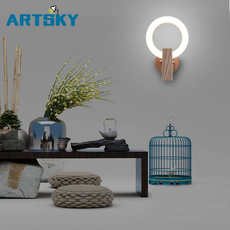 Современная Деревянная настенная лампа с круглым кольцом акриловое