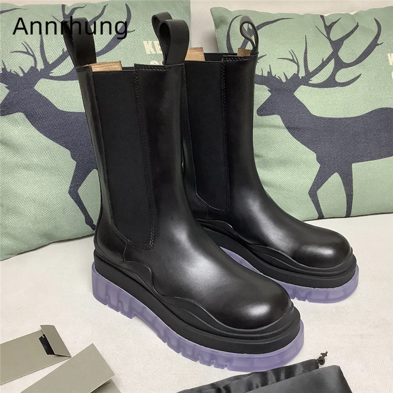 

Женские ботинки до середины икры, Подиумные ботинки из натуральной кожи с эластичными лентами, без застежек, с круглым носком, Новинка осени...