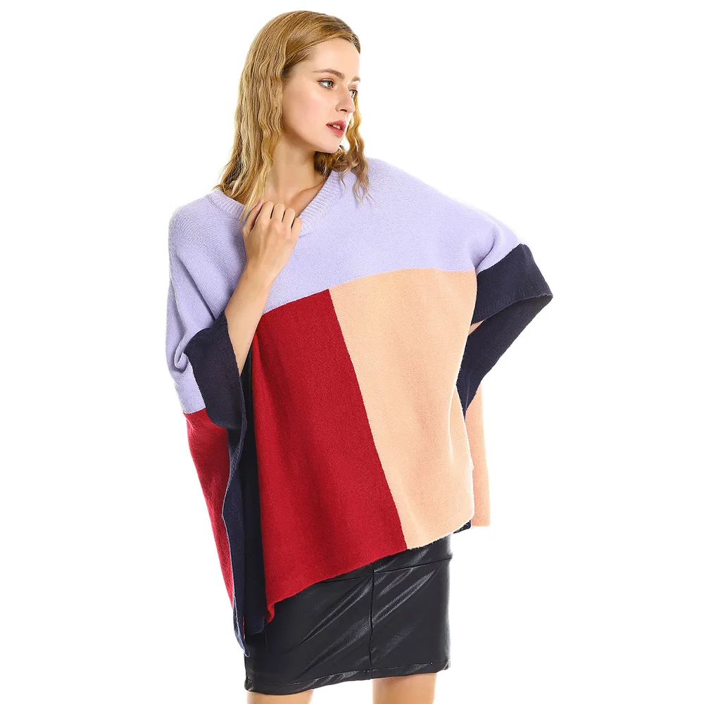 ZAFUL Oversized Sweater Women Batwing Sleeve Loose Knit Shawl Sweaters Casual O-Neck Warm Color Patchwork Pullover Autumn | Женская