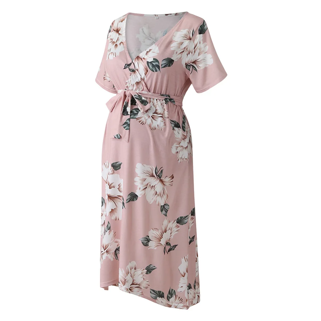 

Women's Faux Wrap Maternity Dress with Adjustable Belt V Neck Breastfeeding Pregnancy Dresses Casual Floral Nursing Dress