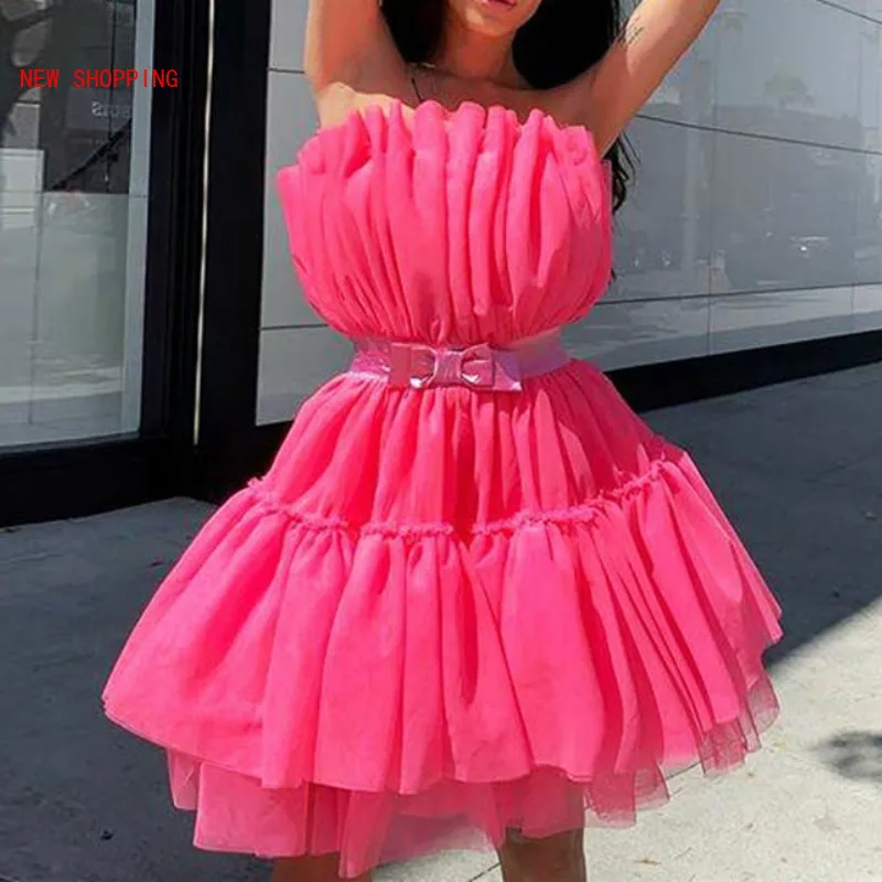 

New Mesh Lace Up Bandage Dress Fashion Ball Gown Sexy Strapless Club Party Dresses Women Summer Bow Dresses Vestidos Pink Black