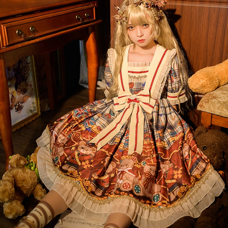 

Japanese Lolita Style Dress Women Kawaii Cute Bear Short Sleeve Princess Vestidos Vintage Tea Loose Bowknot Sweet Party Costume
