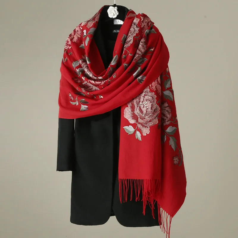 

Embroidery Peony 100% Wool Scarf Wraps Women Winter Blanket Scarves Shawl Pashmina High Quality 240g 190x60cm