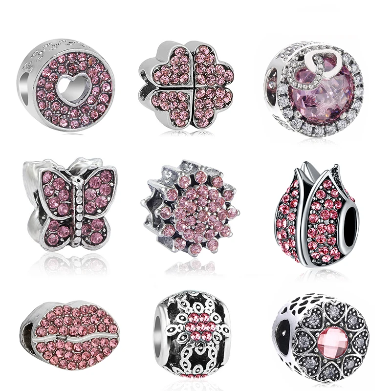 

2Pcs/lot Pink Crystal Heart Bowknot Charms Beads Fit Original Brand Charms Bracelets Necklace for Women Trinket Jewelry Making