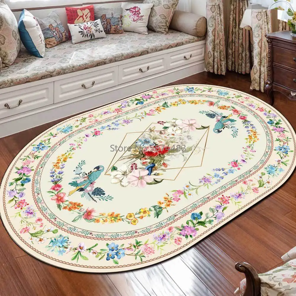 

200*300cm Special-shaped Oval European Pastoral Flower Wreath Living Room Bedroom Bedside Carpet Floor Mat Customization