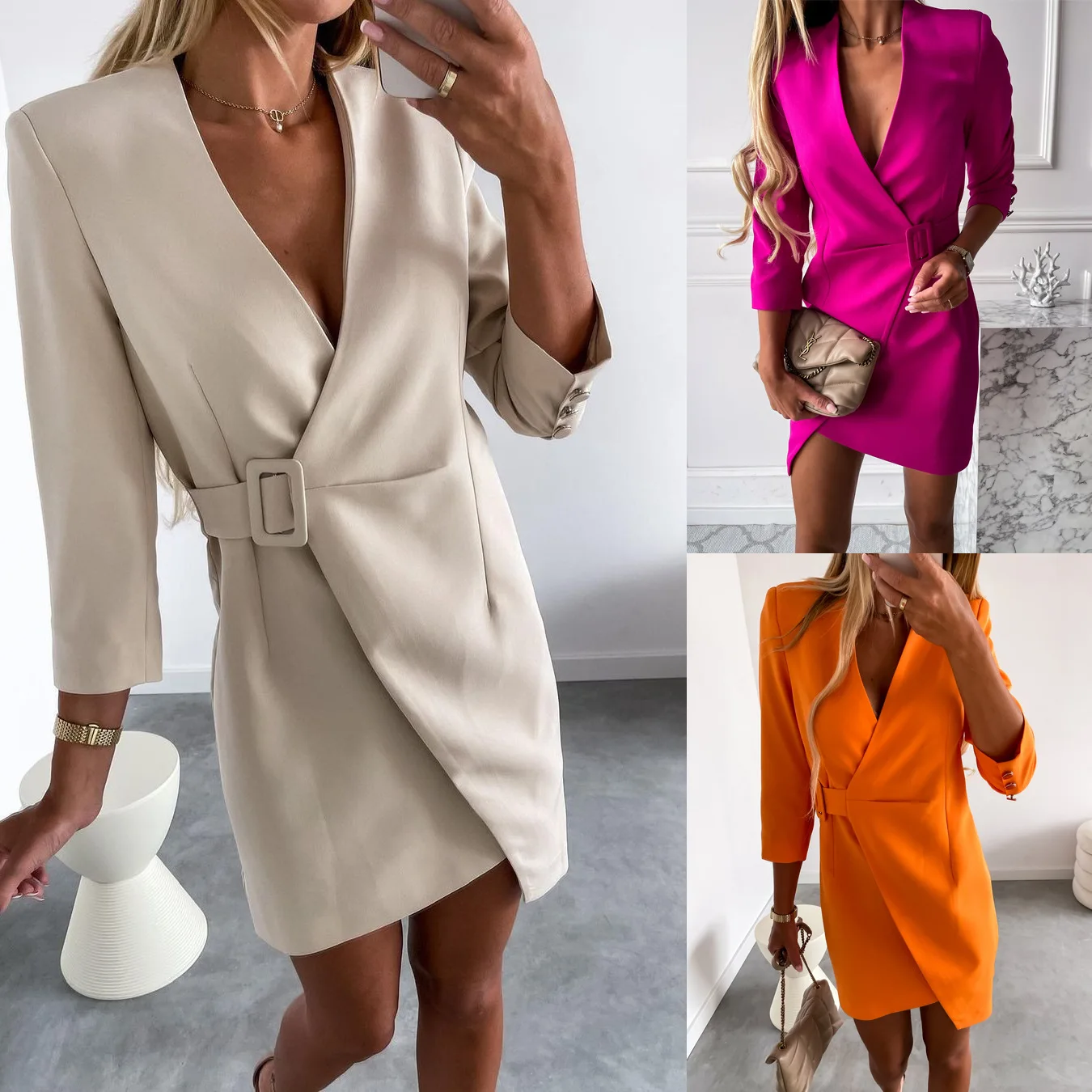 

Elegant Office Ladies Dresses for Women Lace-up Long Sleeve Casual Loose Mini Dress Solid V-neck 3/4 Sleeve Button Woman Dress