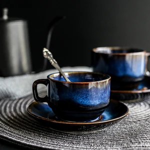 Deep Blue Ceramic Coffee Cup Saucer Set, Breakfast Cup, Afternoon Tea Antique Blue Color Espresso Coffee Cup Coffee Cup Set