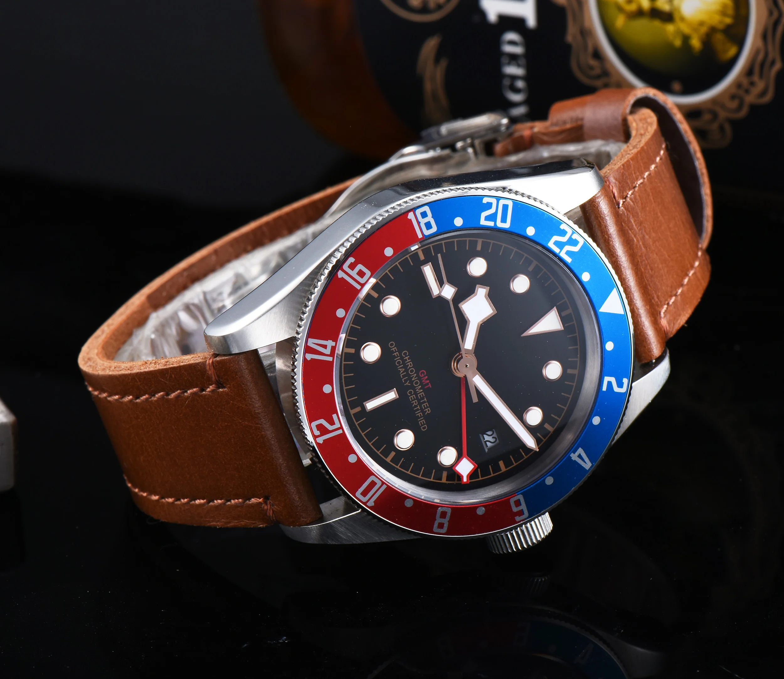 Corgeut 41 мм GMT часы черный циферблат Bay черный и красный ободок кожа механические мужские часы с автоматическим подзаводом