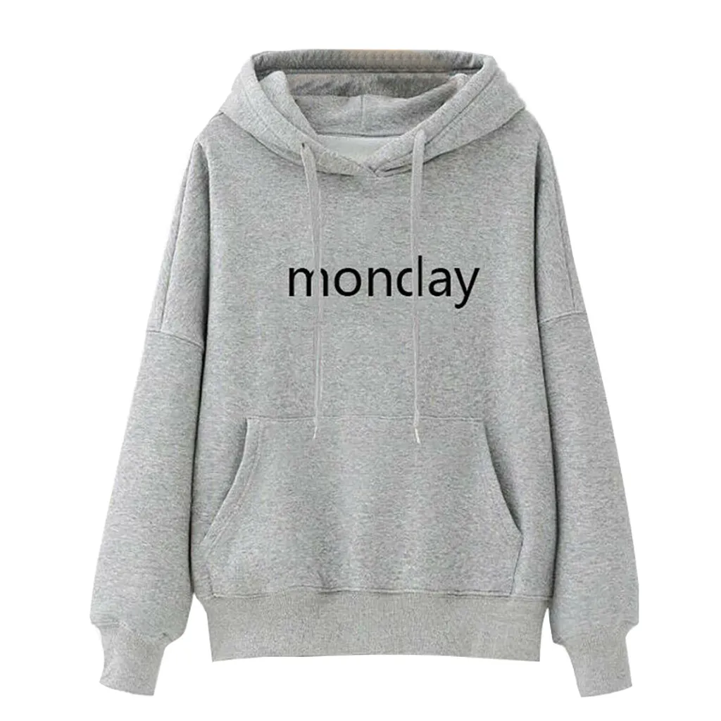 Fashion Women monday Letter Long Sleeve Hoodie Pockets Drawstring Sweatshirts women sweetshirts худи оверсайз harajuku#G