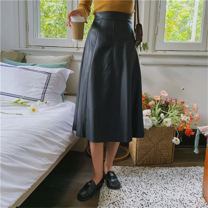 

Hzirip 2021 New Spring Autumn High Waist Vintage PU Leather Skirt Female OL Elegant Fashion Chic All-match Long Skirts Womens