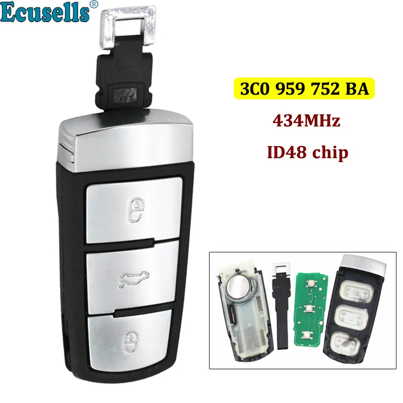 3 кнопки Smart дистанционный ключ-брелок от машины для Volkswagen 3C0 959 752 BA 433 МГц 434 ID48 чип