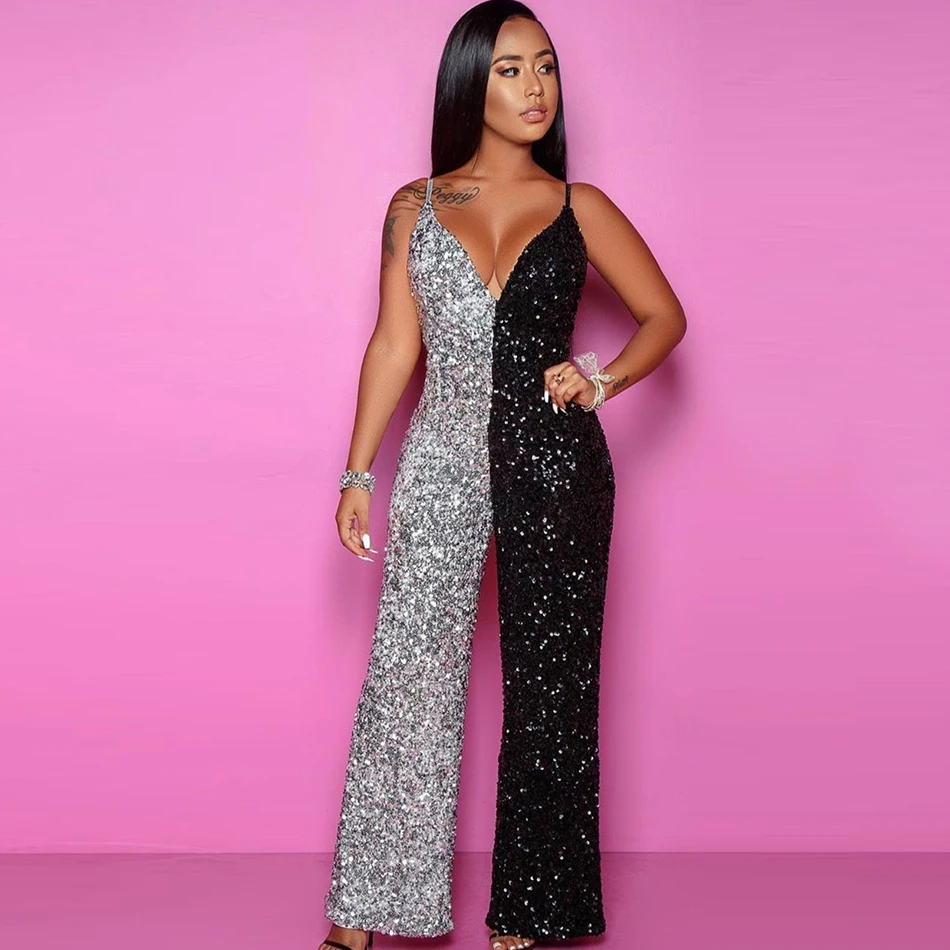 

Seamyla Newest Jumpsuits Women's Spaghetti Strap Black Silver Stitching Beading Club Vestidos Celebrity Party Jumpsuits Rompers
