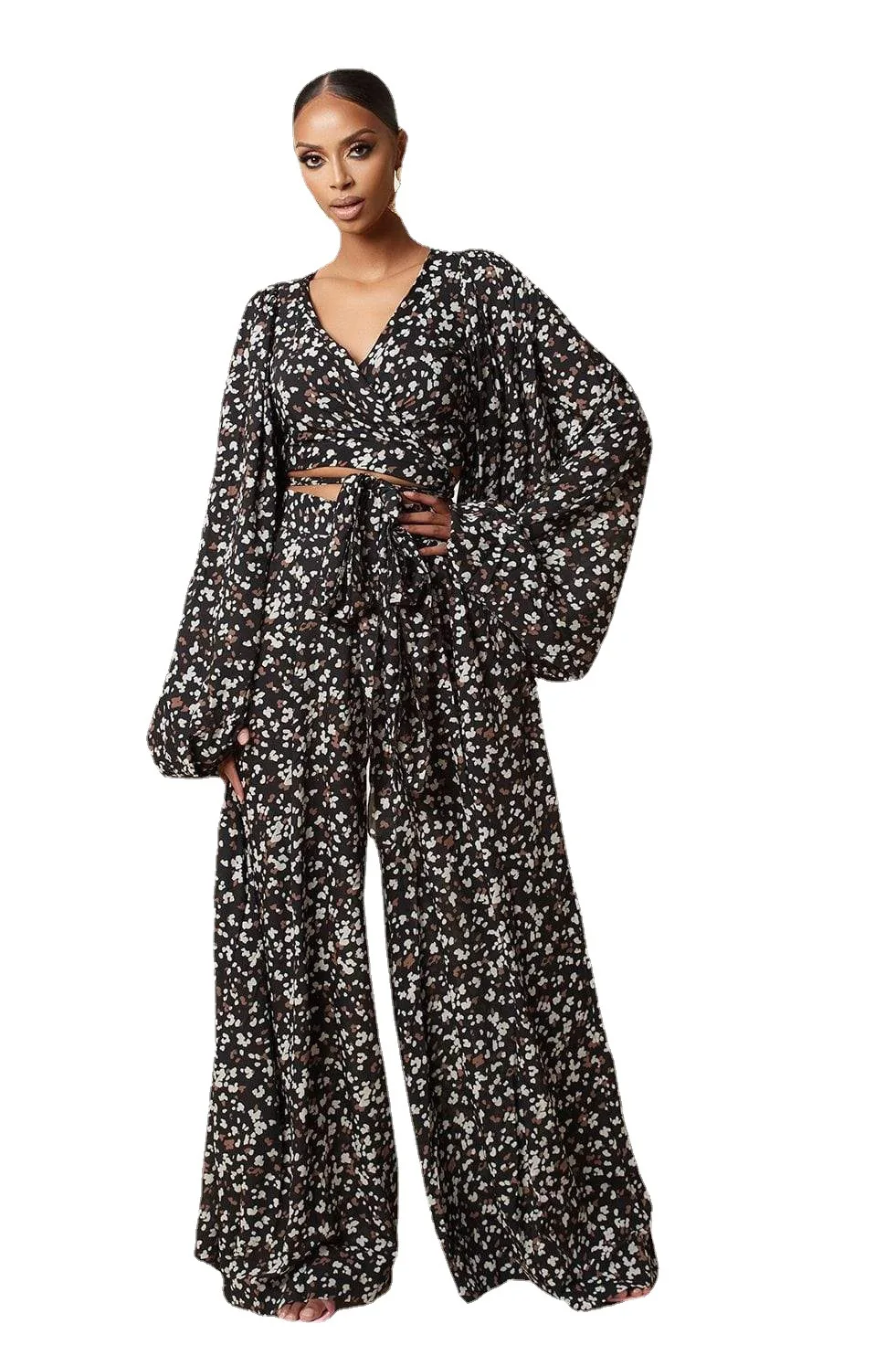 

2021 Amazon new leopard print women's bandage lantern long sleeve cardigan loose Wide Leg Pants Set