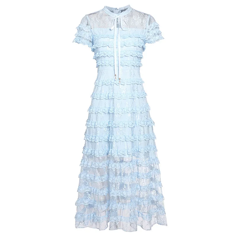 

Seifrmann Summer Women Fashion Designer Party A-Line Dress Short Sleeve Bow Lace Elegant Bodycon Ladies Cake Midi Dresses 2021