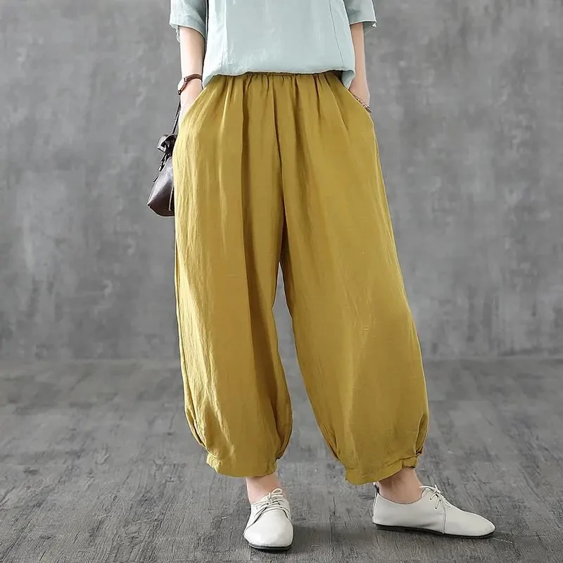 

Big Size Loose Cotton Linen Harem Pants Vintage Thin Ankle-Length Pants Casual Summer Bloomers Trousers Ankle Banded Pants
