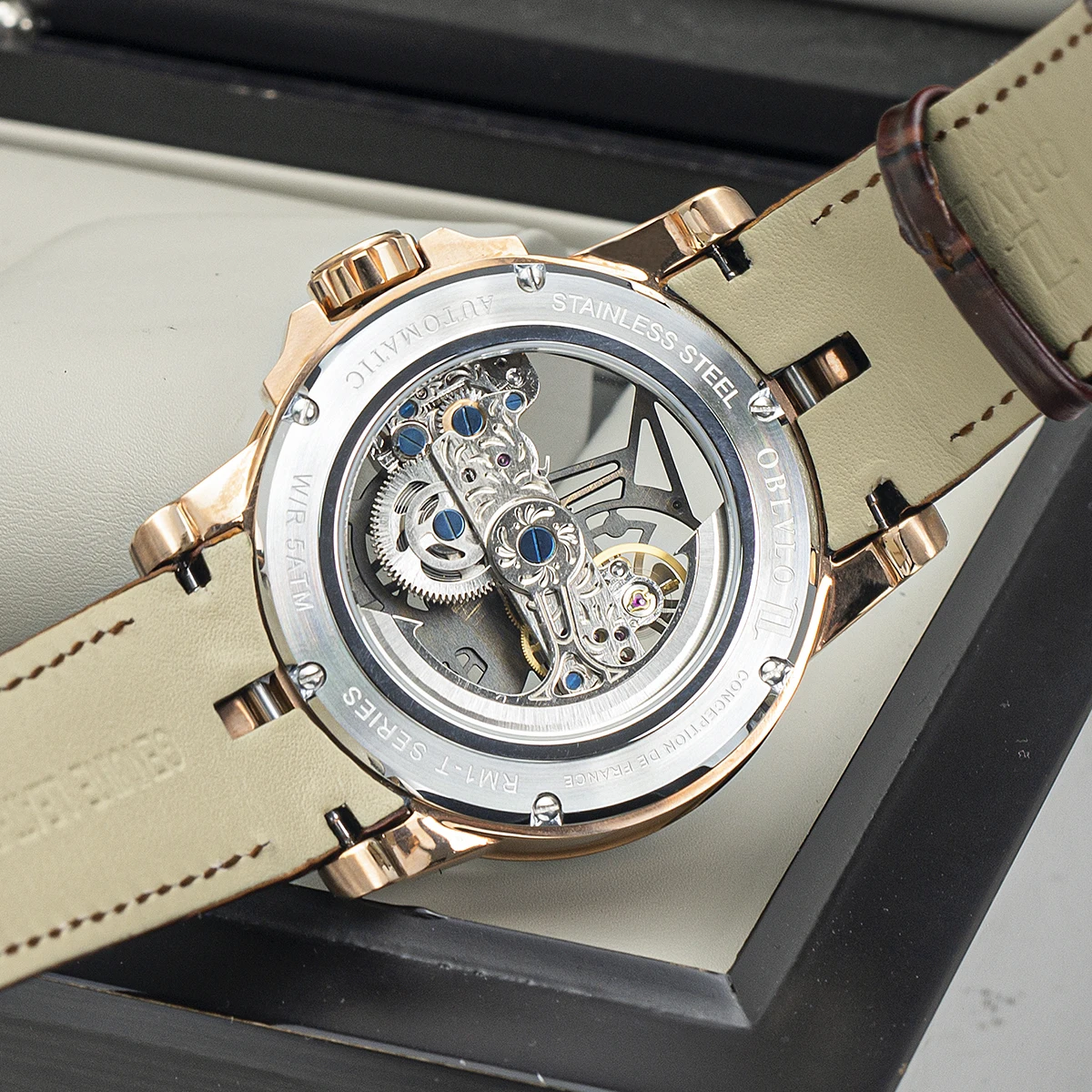 

OBLVLO Designer Skeleton Watch Rose Gold Automatic Watches Brown Leather Strap Top Brand Luxury Steel Relogio Masculino RM-S